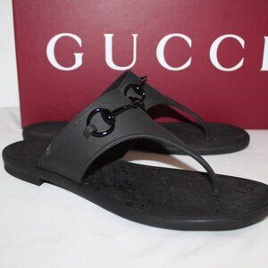 NWB Gucci GG Rubber Thong Flats Sandals Black Horsebit Slides 40 780306